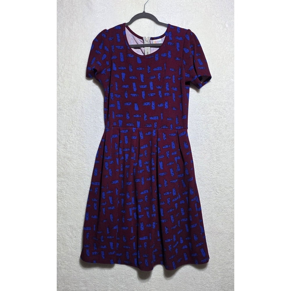 LuLaRoe Amelia Dress 2XL Maroon Blue Abstract Print Short Sleeve Pockets Zipper